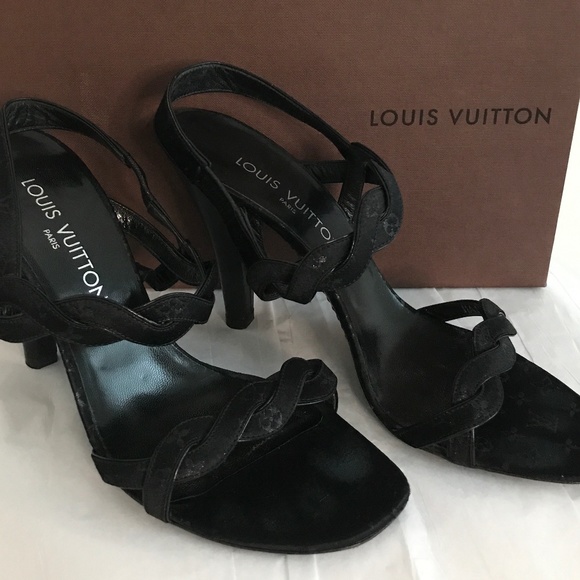 Louis Vuitton Vintage Black Satin Logo Sandals | Size 38.5 | 4.5” Heels + Box - Picture 6 of 11